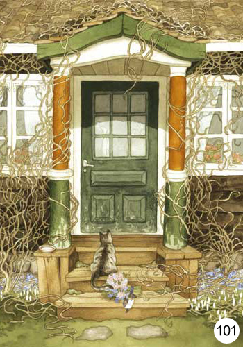 Inge Löök postikortti Kissa ja kukat ovella